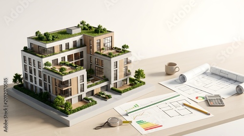 Architectural model of modern building with blueprints and calculator
