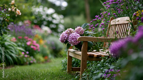 Cottage garden with colorful flowers ornamental shrubs and quiet seating
