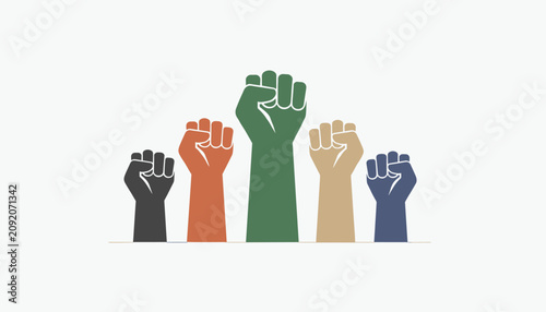 Group of diverse raised fists in a row representing unity, protest, human rights, strength, and solidarity in flat design.