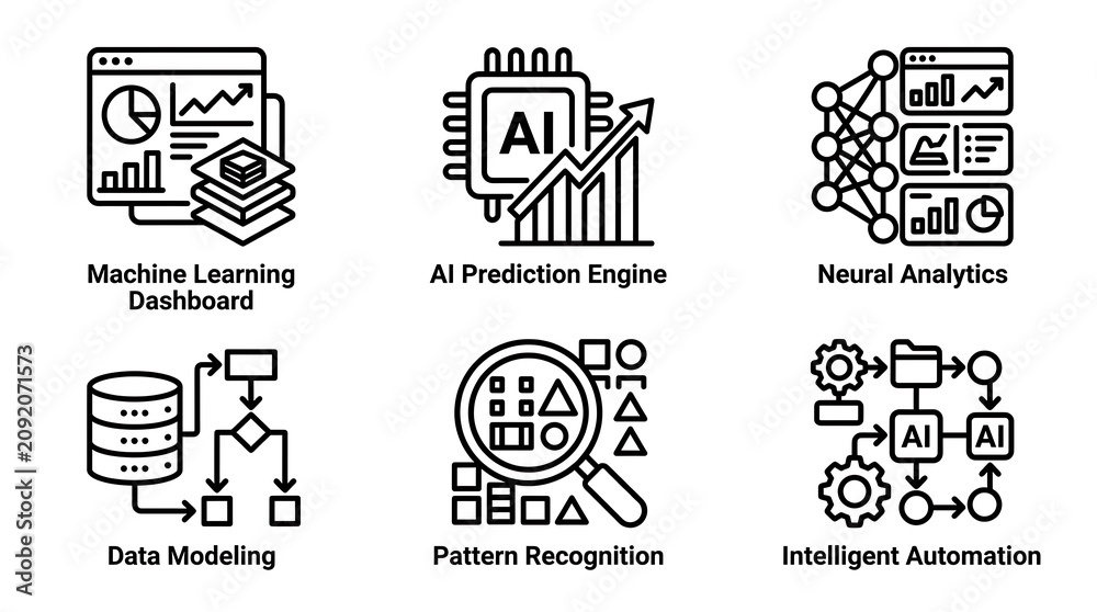 Obraz premium AI and Machine Learning Icon Set for Data Science and Automation