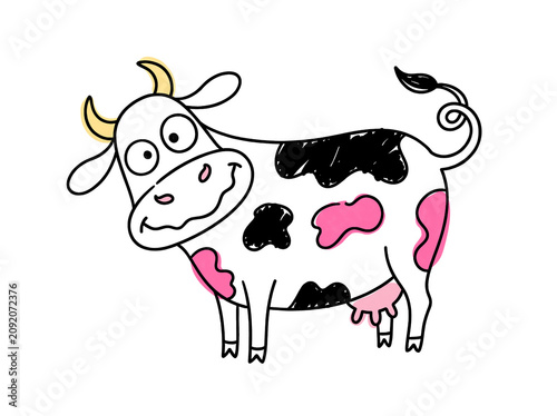 A hand-drawn illustration of a funny, goofy cow with big eyes and black and pink spots, set against a transparent background