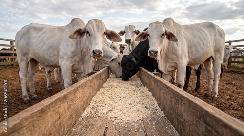 Touros Nelore de elite alimentando-se em cocho de madeira em fazenda brasileira. Pecuária de alta produtividade, foco em melhoramento genético, qualidade premium, sustentabilidade e manejo rural.