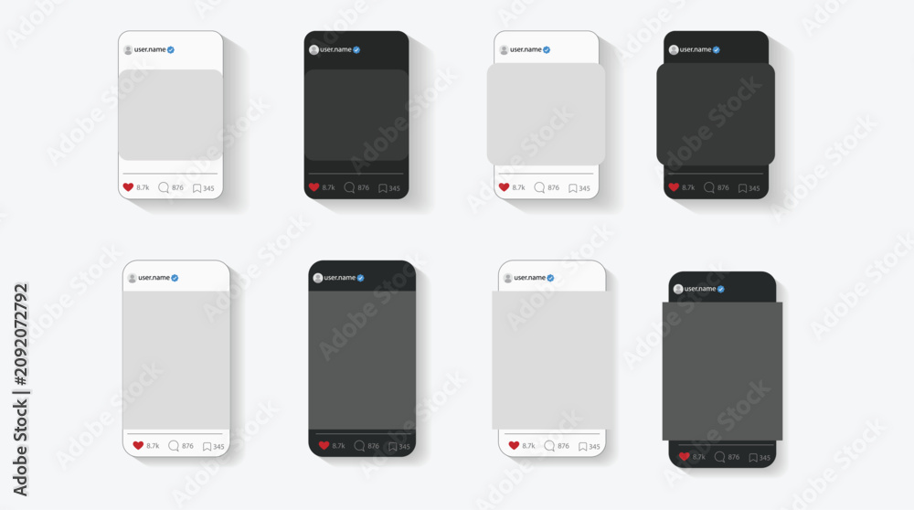 Fototapeta premium Social media interface post templates bundle with dark and light mode vector. 