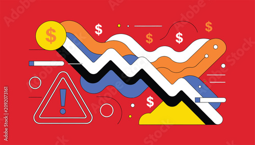 Schilderij op canvas Declining financial graph with warning signs and dollar symbols Vector, illustra