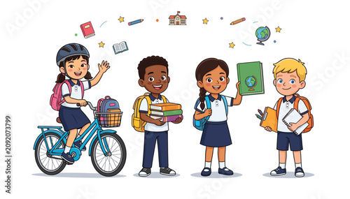 Four diverse elementary school students in uniform stand together holding books and supplies to promote education and learning for all.