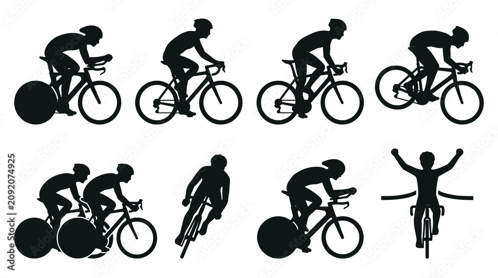 Obraz premium Collection of cyclist silhouettes in various racing poses, speed, dynamic motion, winning finish line celebration, sport vector icons and elements