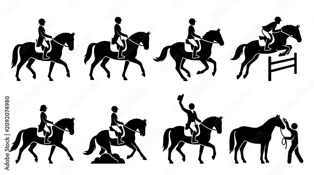 Fototapeta premium Equestrian sports silhouettes showing horse riding and jumping, collection of isolated rider and horse poses for sport design