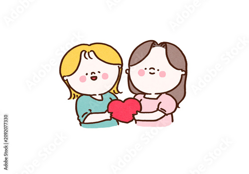 Tableau sur toile Two women smiling and holding a single heart mark together, lesbian couple or fr