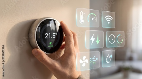 Smart thermostat control with holographic interface icons