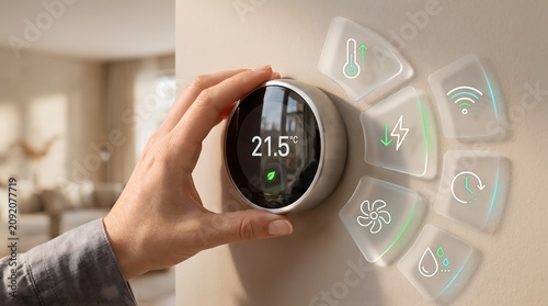 Smart thermostat 21.5 degrees Celsius with icons for temp, wifi, fan