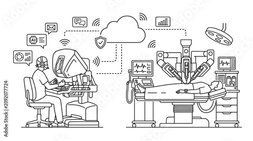 Remote Robotic Surgery System Illustration Featuring a Surgeon Operating a Medical Console Connected Through Cloud Technology to a Patient