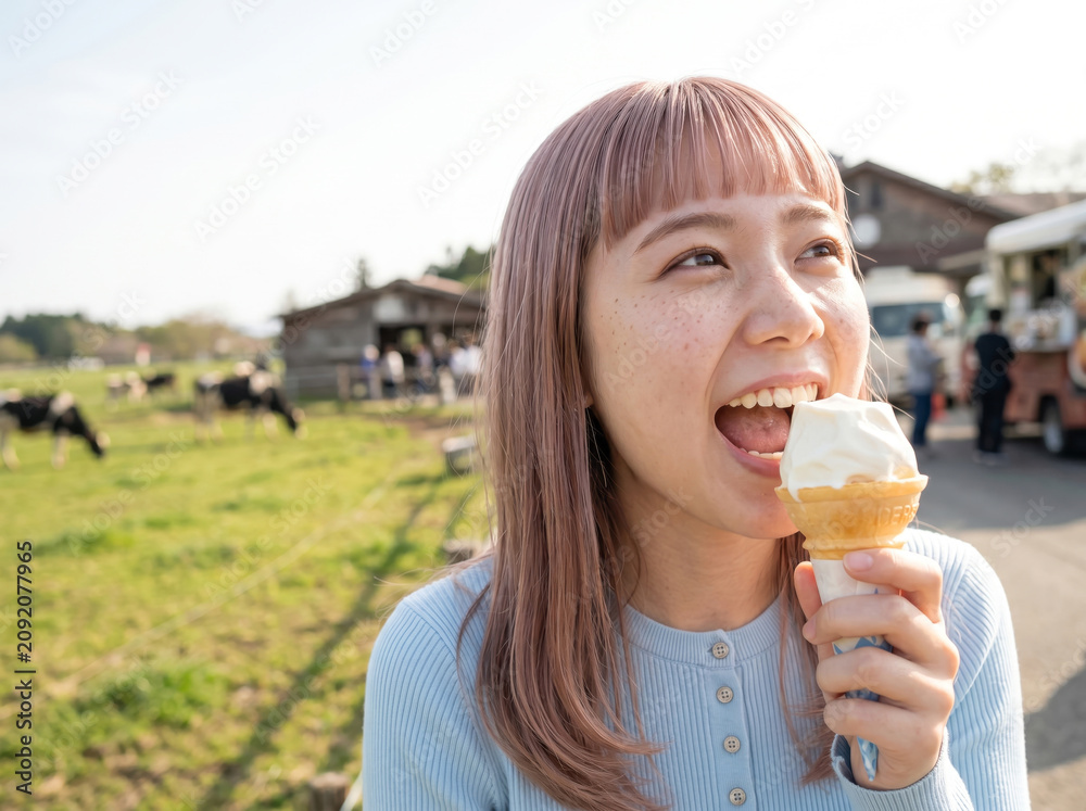 Fototapeta premium 口を大きく開けてソフトクリームを食べている笑顔の若い女性