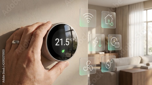 Smart thermostat with hand adjusting temperature, showing icons