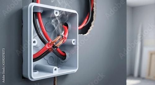 Junction box with melted red insulation and exposed copper wires, indicating electrical short, highlighting importance of safe wiring practices and electrical maintenance.