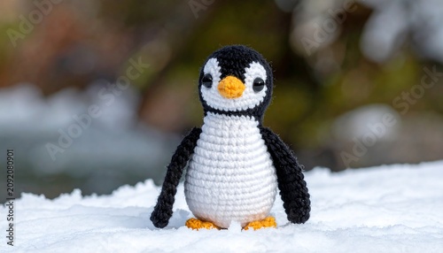 Cute Crocheted Penguin Toy Standing on Snow with Blurred Outdoor Background