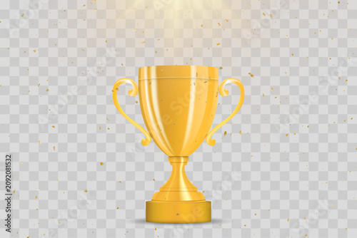 Tableau sur toile Supreme gold trophy cup award with floating magical sparkles and luminous volumetric light rays