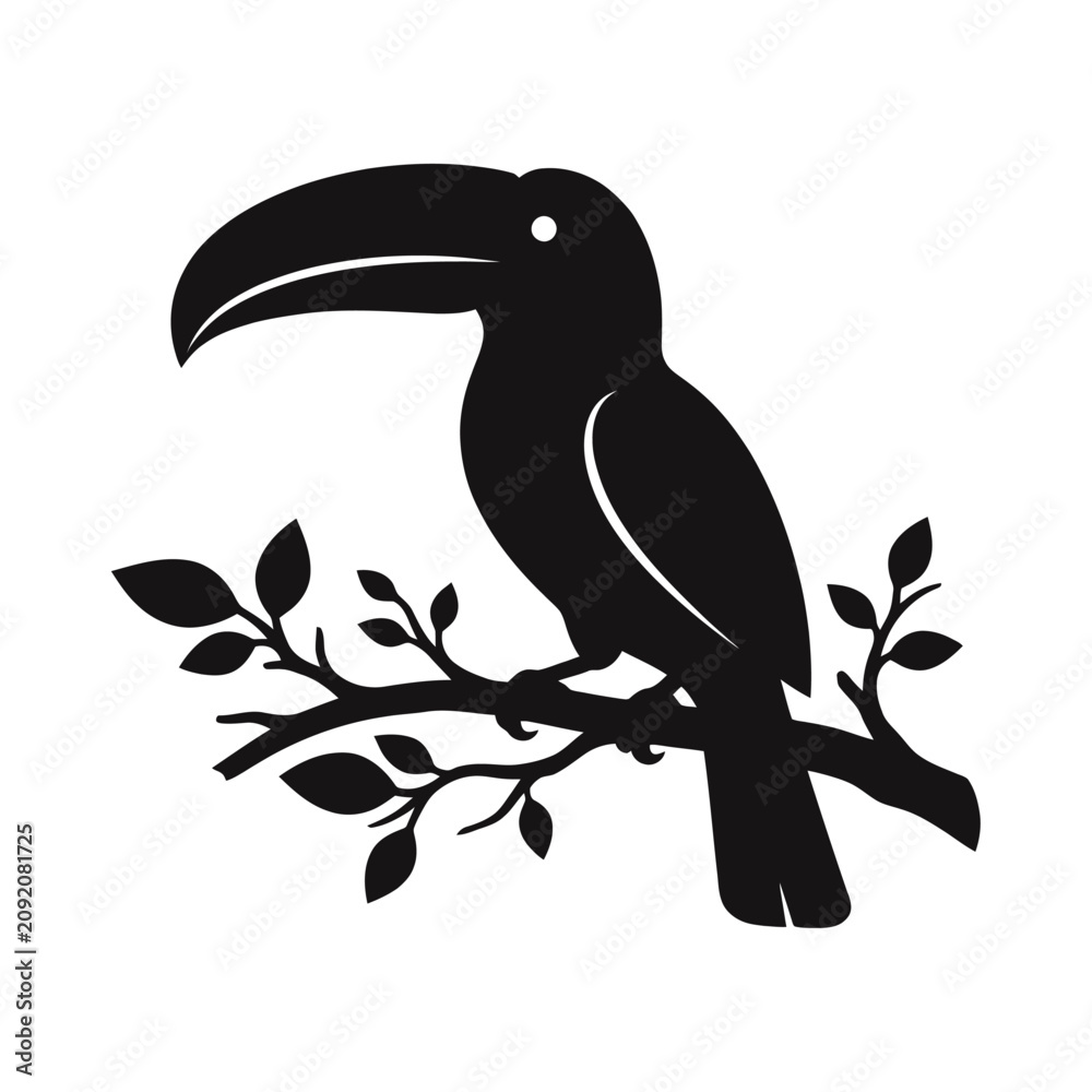 Fototapeta premium Toucan, black silhouette, tropical bird, vector icon, exotic animal, wildlife symbol isolated on White Background