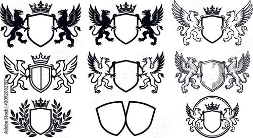 Konstfotografi Heraldic Coat of Arms Emblem Set Featuring Griffin Mythical Creatures Holding Sh