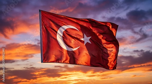 Tableau sur toile Turkey flag waving gracefully in the wind under a dramatic sunset sky, representing national pride and heritage