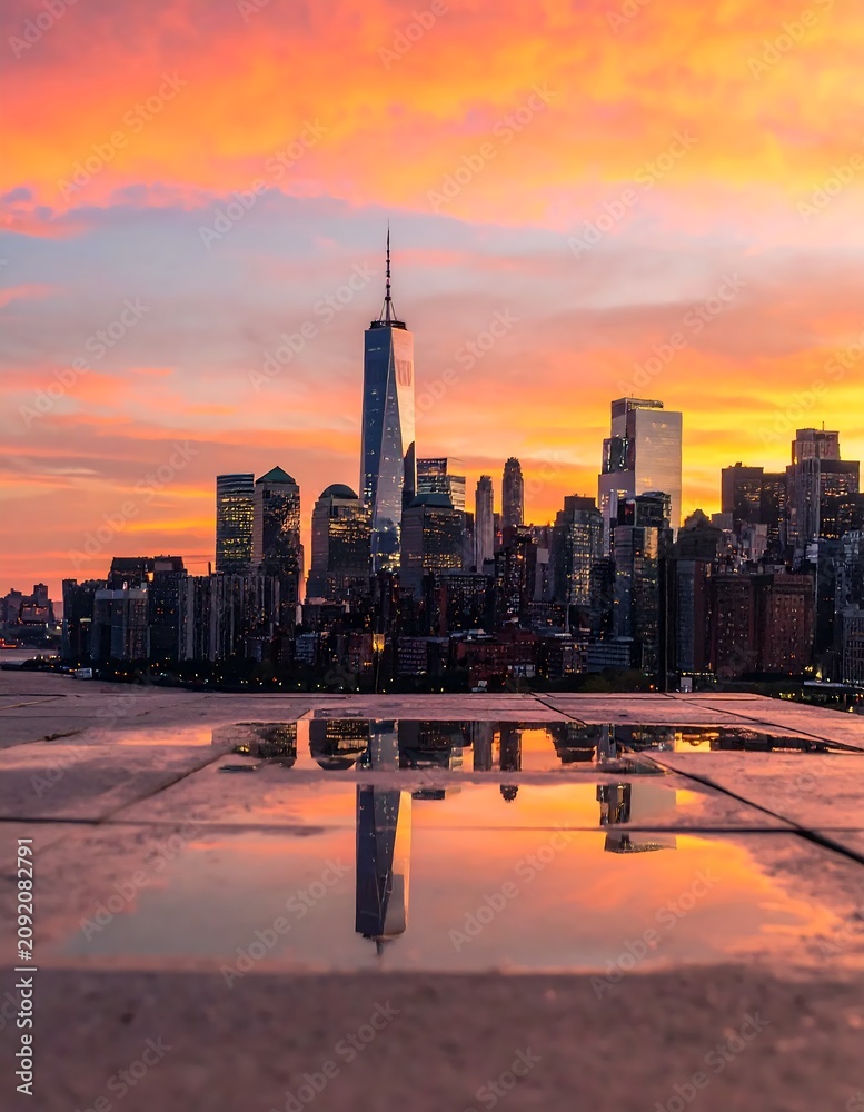 Fototapeta premium Vibrant City Skyline Glowing at Sunset with Reflection on Wet Waterfront Promenade