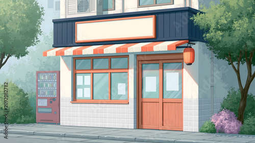 Charming Urban Storefront with Inviting Design and Welcoming Ambiance, Featuring Warm Colors and Lush Greenery for a Cozy Atmosphere in the City Landscape.