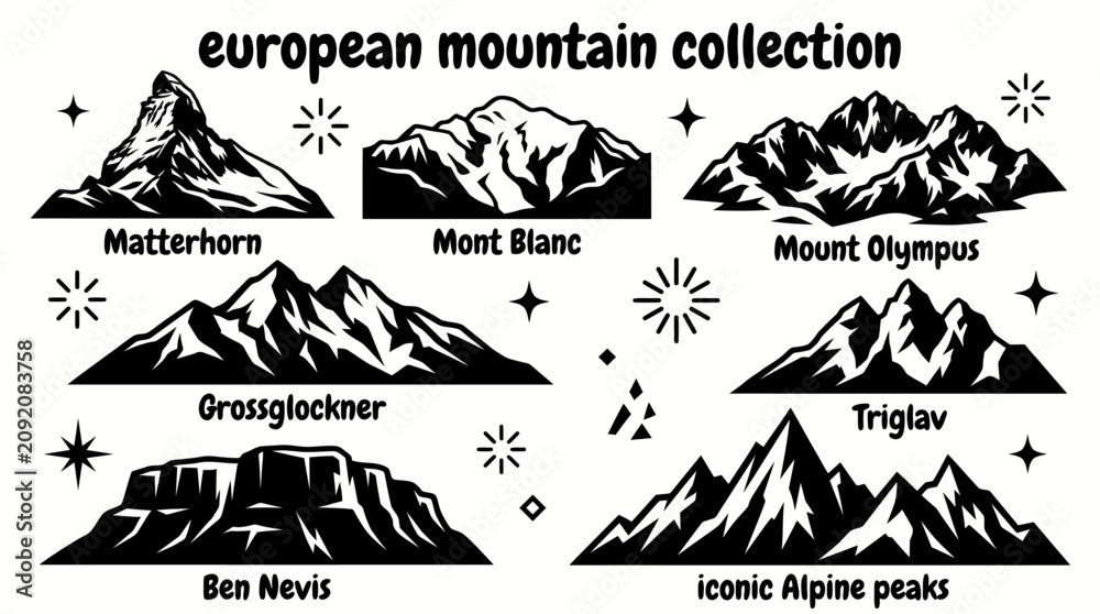 Fototapeta premium famous european mountains featuring matterhorn montblanc grossglockner bennevis olympus triglav and iconic alpine peaks arranged as a commercial vector illustration set for tourism and educational