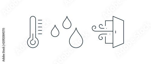 Bild auf Leinwand Thermometer and humidity icon set featuring temperature gauge, falling water droplets and a ventilation door with airflow for indoor climate monitoring vector illustration