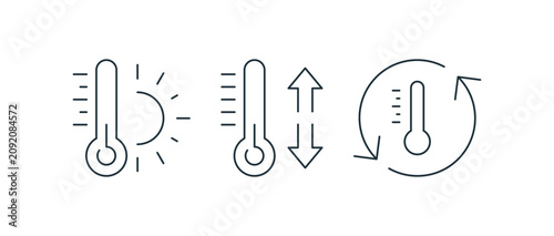 Obraz na plátně Thermometer icon set showing sunny hot temperature, fluctuating levels with directional arrows and automatic regulation with a rotating arrow for climate monitoring vector illustration