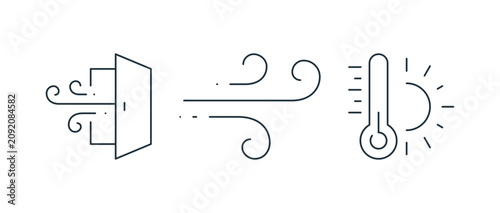 Photos Airflow ventilation icon set featuring a wind breeze symbol, a door with circulating air and sunny hot temperature gauge for indoor climate control vector illustration