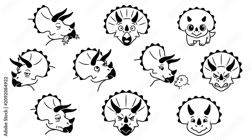 Fototapeta premium collection of triceratops dinosaur head illustrations, various expressions, simple line art on white background, prehistoric creature faces