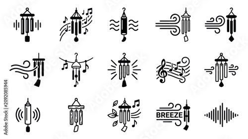 Billede på lærred Wind Chime Icons Collection - Music, Breeze, Sound Waves, Nature