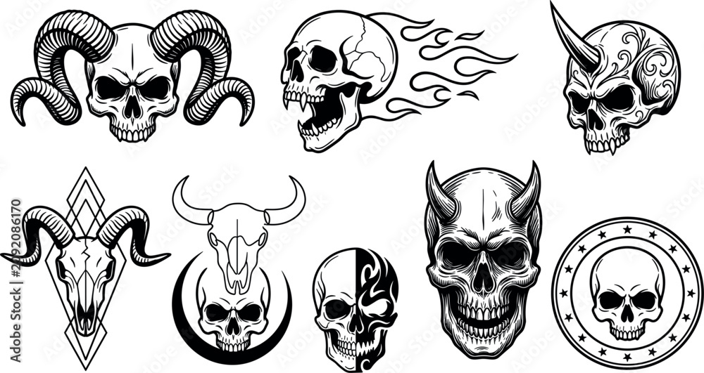 Fototapeta premium Badass Demon and Animal Skull Tattoo Flash Vector Collection Featuring Horned Skulls, Flaming Skulls, Horned Oni, Ram Skulls, and Bull Skull Elements