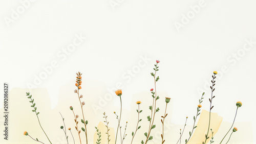 Delicate botanical stems with slender leaves on white background