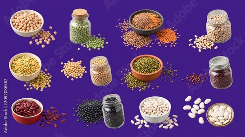 Assorted Legumes and Dried Pulses Collection in Bowls and Glass Jars on Purple Background