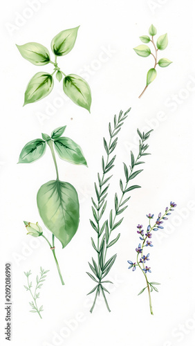 Watercolor botanical leaves and delicate wildflowers on white background
