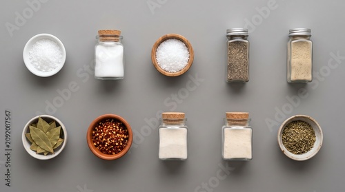 Top Down View of Various Spices and Seasonings Arranged in Glass Jars and Small Bowls on a Neutral Gray Kitchen Surface