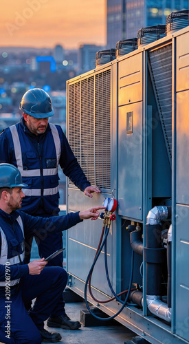 Vertical photo of service technicians on rooftop at sunset. Workers inspecting industrial chiller unit. HVAC maintenance with city skyline background