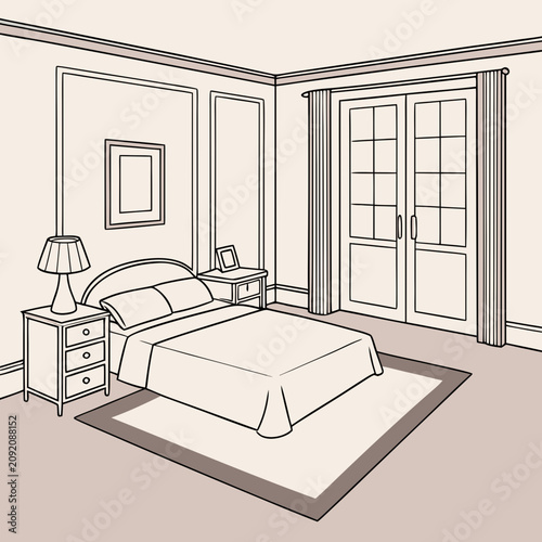 Slika na platnu Modern bedroom with a large bed nightstands a window with curtains nightstand cu