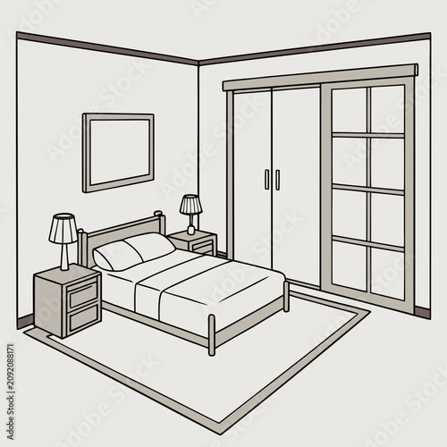 Tableau sur toile Cozy bedroom with a bed nightstands a large window nightstand furniture interior