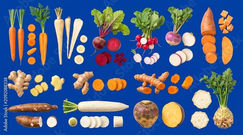Fresh Assortment of Diverse Organic Root Vegetables and Tubers Arranged on a Vibrant Blue Background