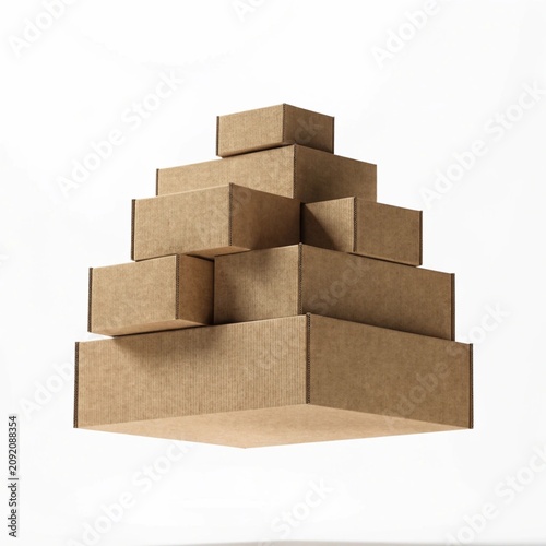 A pyramid stack of brown cardboard boxes isolated on a white background