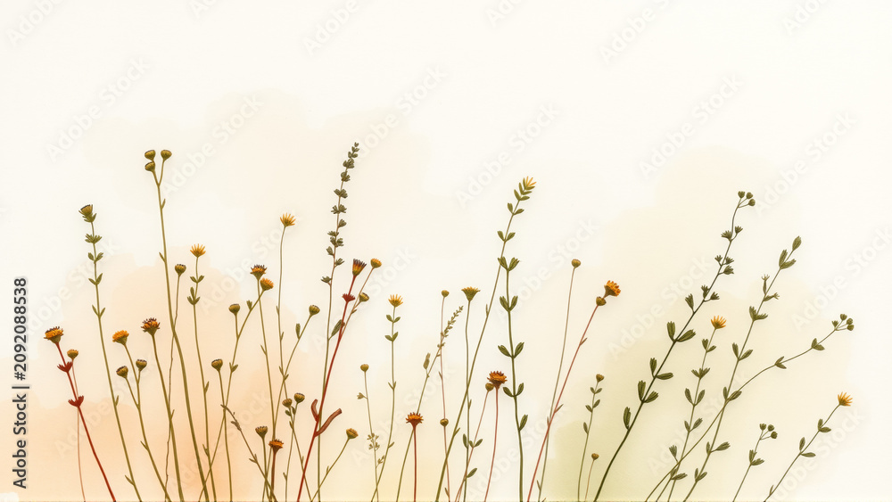 Fototapeta premium Delicate botanical stems with slender leaves on white background