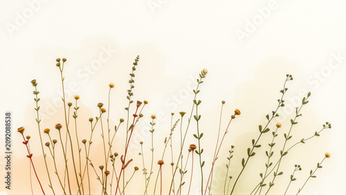 Delicate botanical stems with slender leaves on white background