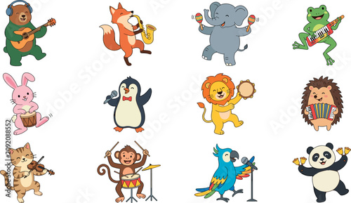 Canvas Print Cute Cartoon Animal Musician Character Set Playing Musical Instruments Including