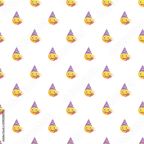Smiling party emoji characters with hats and noisemakers creating a repeating celebration pattern