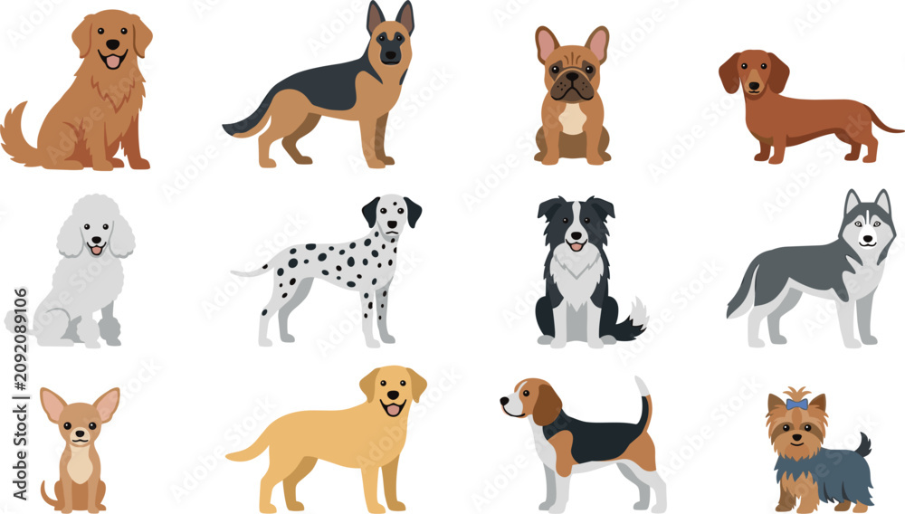 Obraz premium Popular Dog Breeds Vector Flat Icon Set with Golden Retriever, German Shepherd, French Bulldog, Husky, and Dalmatian for Pet Care and Veterinary Graphic Designs