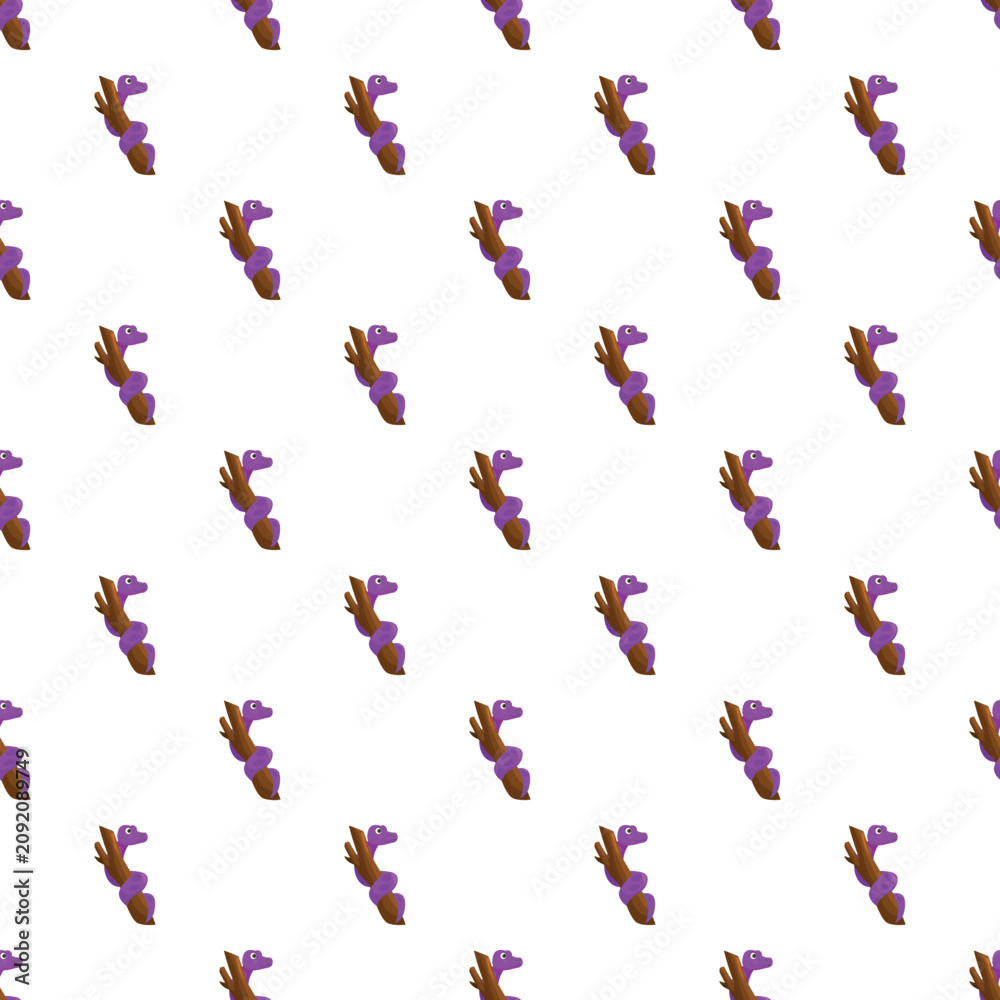 Fototapeta premium Purple cartoon snake wrapped around a tree branch creating a repetitive seamless pattern