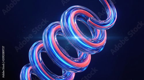 Colorful twisted shapes in blue and pink colors create a 3D effect with light reflecting on the surface