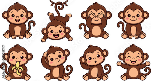 Photography ute Baby Monkey Cartoon Character Set with Various Poses, Emotions, and Actions