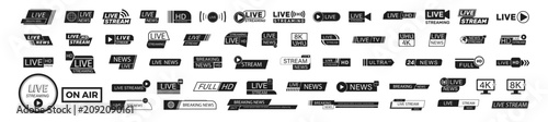 Konstfotografi Live news icon set with streaming video broadcast buttons and media symbols on t
